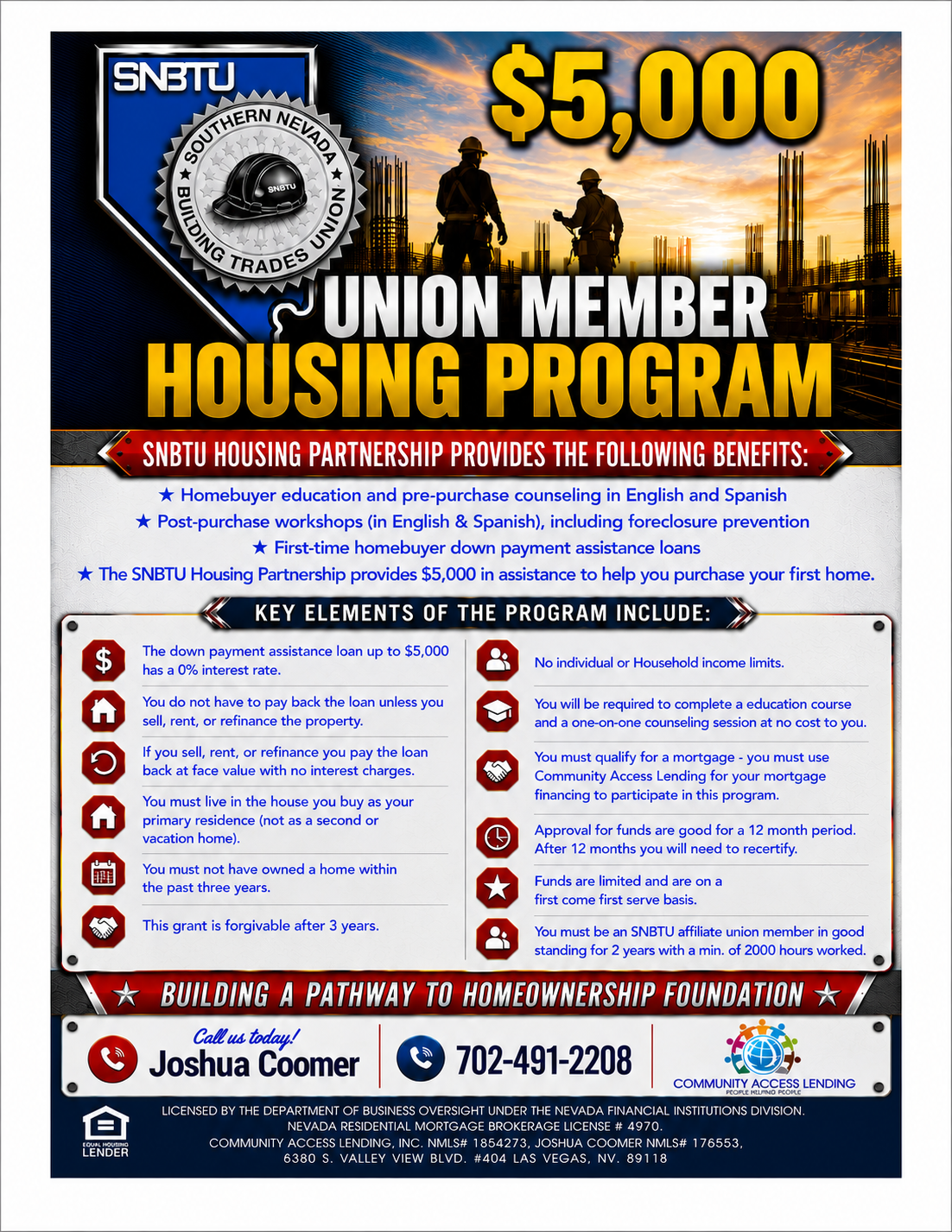 SNBTU housing program flyer with $5,000 benefit, program features, eligibility criteria, contact number and licensing disclosures